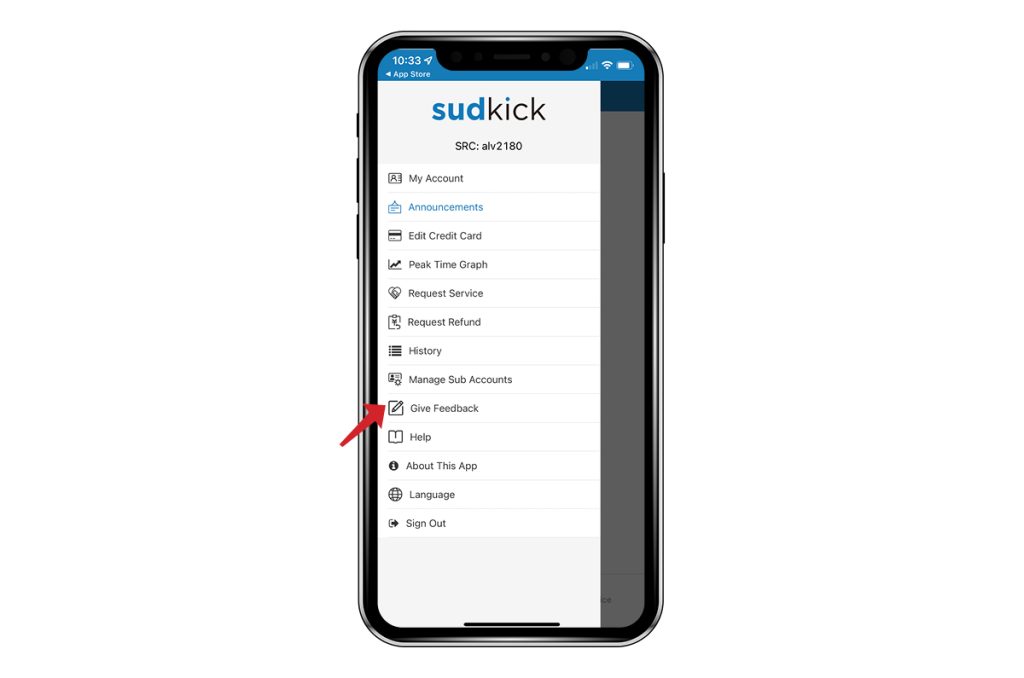 Photo of Phone Screen with Settings to Give Feedback in SudKick App